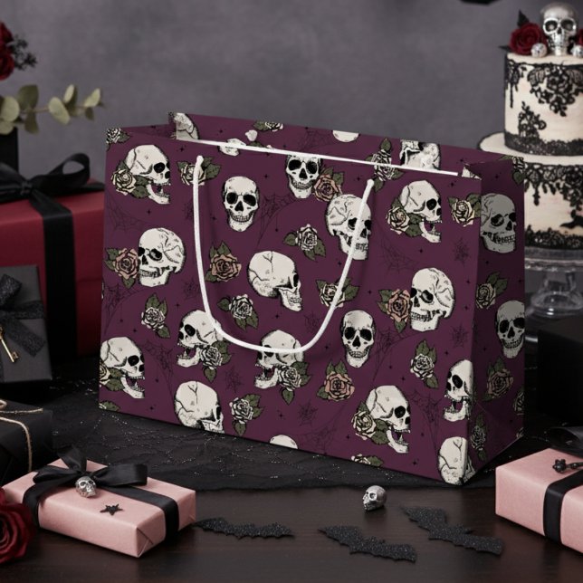 Grand Sac Cadeau Halloween marron violet gothique et Rose (Elegant Skull and Roses Gothic Halloween Gift Bags for Her. Gothic Chic Style. Floral Skulls Pattern)