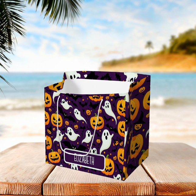 Grand Sac Cadeau Halloween Nom du Motif chauves-souris Ghost Fun Pa (Halloween Pattern Name Bats Ghost Scary Fun Party Large Gift Bag)