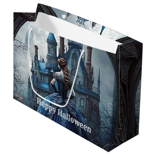 Grand Sac Cadeau Halloween Party Haunted Maison Bleue Nuit Effrayan (Devant Angle)