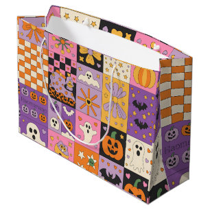 Grand Sac Cadeau Halloween Patchwork Motif - Carrés festifs avec