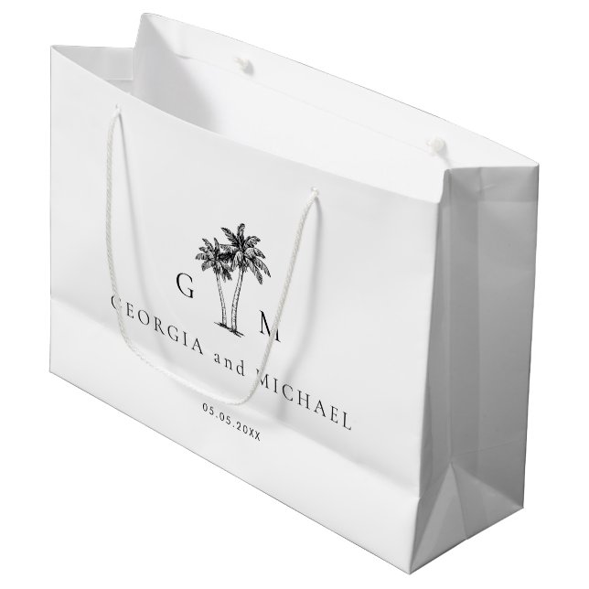 Grand Sac Cadeau Hand Drawn Palm Tree Monogram Destination Wedding (Devant Angle)