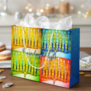 Grand Sac Cadeau Hanoukka 4 Menorahs colorés Peace Love Light