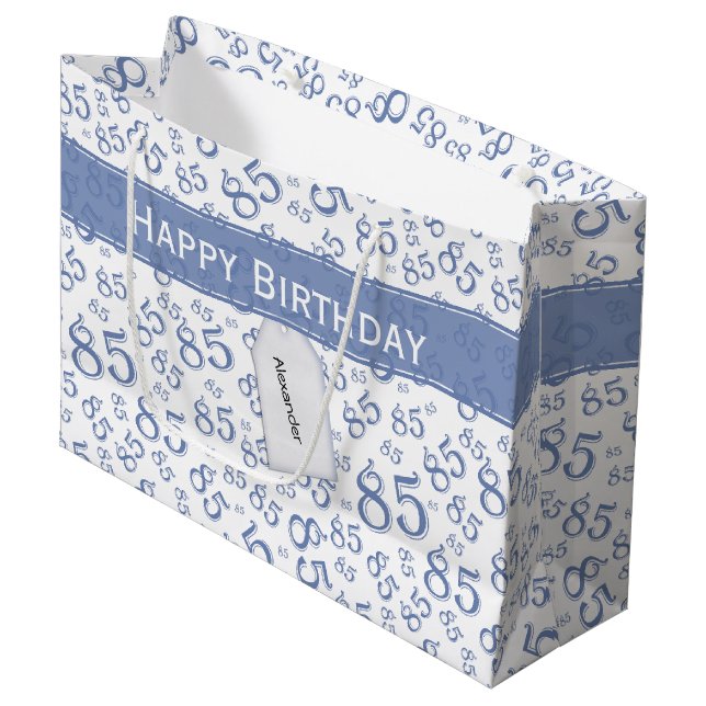 Grand Sac Cadeau Happy 85th Birthday Numéro Motif Bleu/Blanc (Devant Angle)