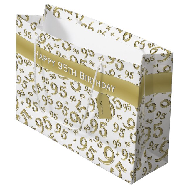 Grand Sac Cadeau Happy 95e anniversaire Numéro Motif Or (Devant Angle)