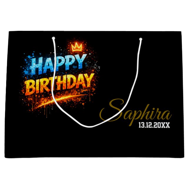 Grand Sac Cadeau Happy Birthday Fire & Ice Splash Design (Custom) (Devant)