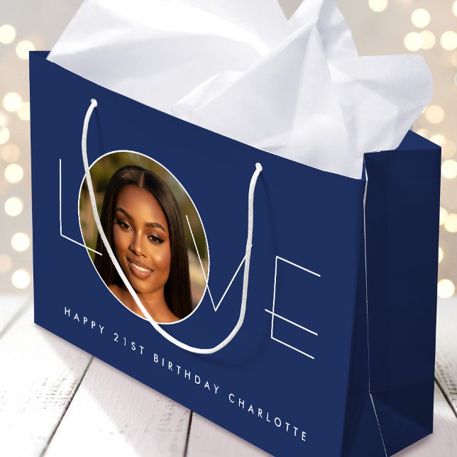 Grand Sac Cadeau Happy Birthday Photo Love Typography Chic Navy (Créateur téléchargé)