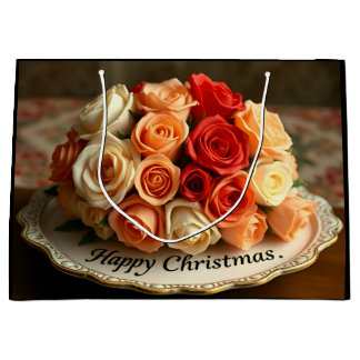 Grand Sac Cadeau Happy Christmas Rose Flowers Bouquet Decoupage
