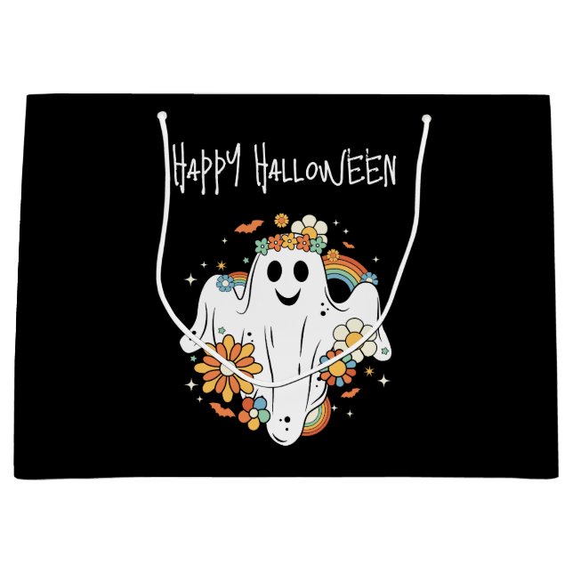 Grand Sac Cadeau Happy Ghost Retro Hippie Vibe Halloween (Devant)