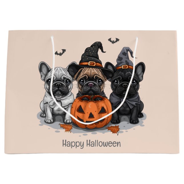 Grand Sac Cadeau Happy Halloween Bulldogs français (Devant)