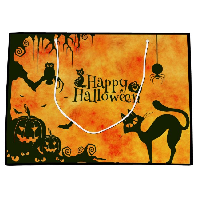 Grand Sac Cadeau Happy Halloween chat noir, hibou, citrouille (Devant)