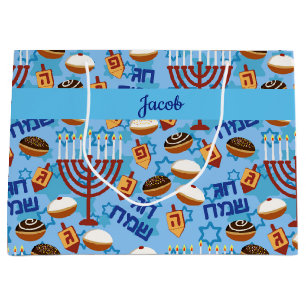 Grand Sac Cadeau Happy Hanoukka Ajouter un nom Blue Dreidel Menorah