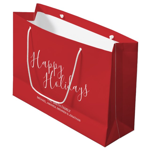 Grand Sac Cadeau 'Happy Holidays' Nom de famille personnalisé Rouge (Devant Angle)