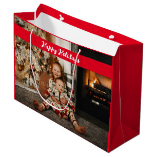 Grand Sac Cadeau Happy Holidays Photo Collage Red Christmas