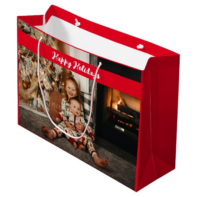 Grand Sac Cadeau Happy Holidays Photo Collage Red Christmas (Devant Angle)
