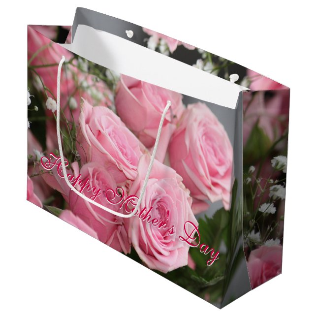 Grand Sac Cadeau Happy Mothers Day Rose Rose Flowered Cadeau-Bag (Devant Angle)
