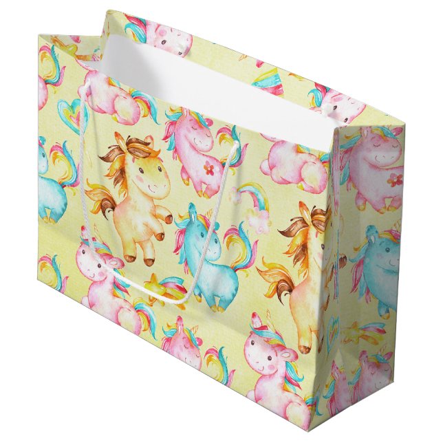 Grand Sac Cadeau Happy Unicorns Motif-Unicorn Amour en Jaune (Devant Angle)