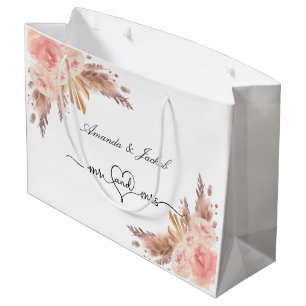 Grand Sac Cadeau Herbe de pampa rose mariage floral rose rose pâle