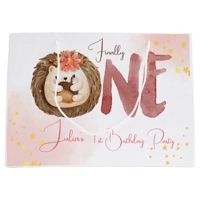 Grand Sac Cadeau Hérisson aquarelle premier anniversaire (Devant)