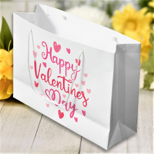 Grand Sac Cadeau Heureuse Sainte-Valentin Élégant Script Coeurs ros