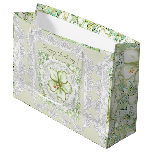 Grand Sac Cadeau Hibiscus & dentelle BLANC (Devant Angle)