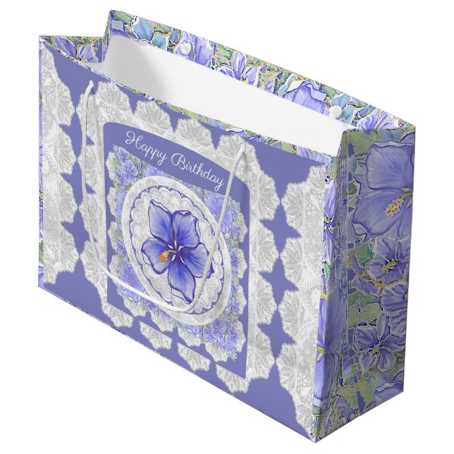 Grand Sac Cadeau Hibiscus & dentelle BLEU (Devant Angle)
