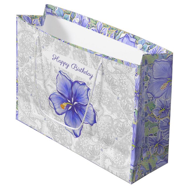 Grand Sac Cadeau Hibiscus & dentelle BLEU (Devant Angle)