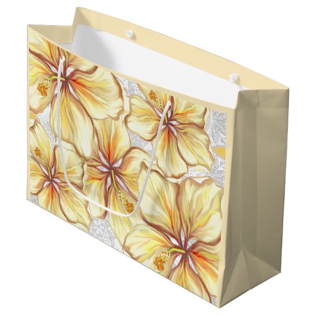 Grand Sac Cadeau Hibiscus & dentelle JAUNE (Devant Angle)