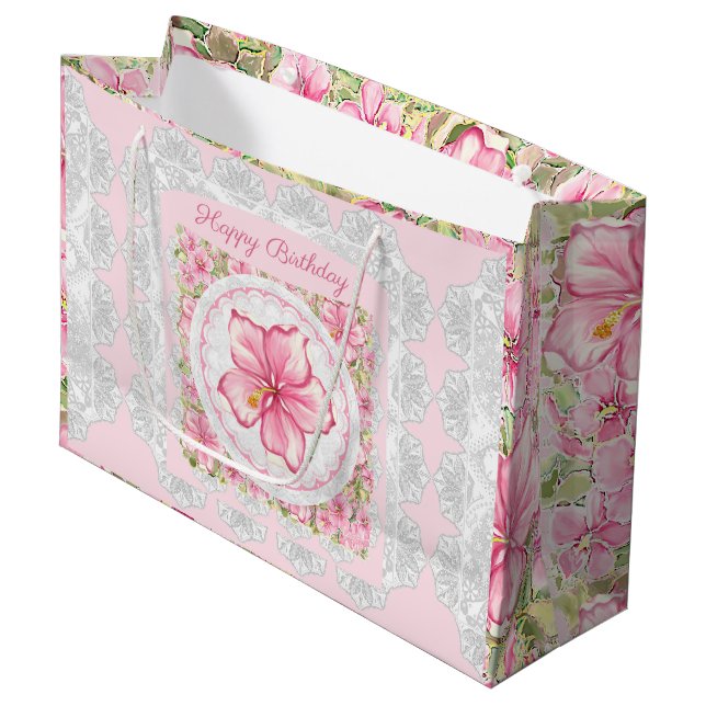 Grand Sac Cadeau Hibiscus & dentelle PINK (Devant Angle)