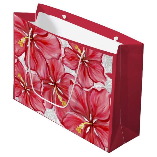 Grand Sac Cadeau Hibiscus & dentelle RED (Devant Angle)