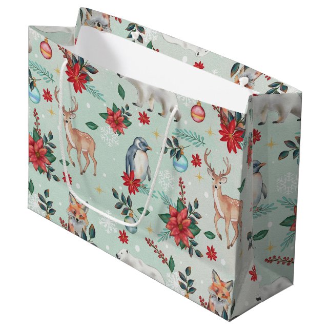 Grand Sac Cadeau Hiver Florest Animaux Motif de Noël (Devant Angle)