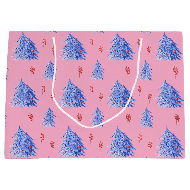 Grand Sac Cadeau Hiver Ice Bleu Arbres Holly Berries Pink Noël (Devant)