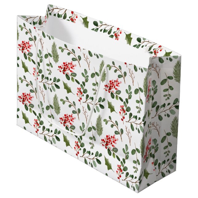 Grand Sac Cadeau Holiday Christmas Holly Leaves Berry Pattern (Devant Angle)