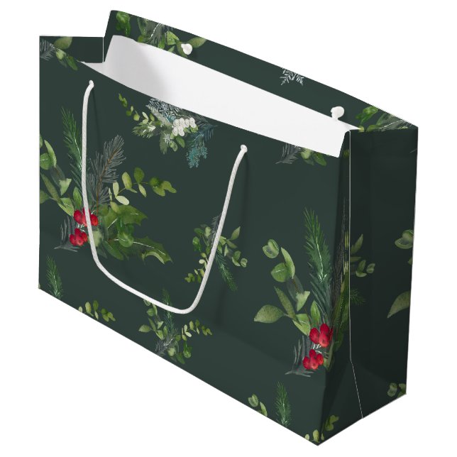Grand Sac Cadeau Holly, Fir et Snowflake Forest Green (Devant Angle)