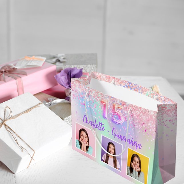 Grand Sac Cadeau Holographe rose violet photo Quinceanera (Créateur téléchargé)