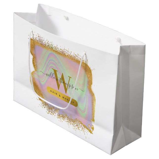 Grand Sac Cadeau Holographique Parties scintillant Or Moderne Coiff (Devant Angle)