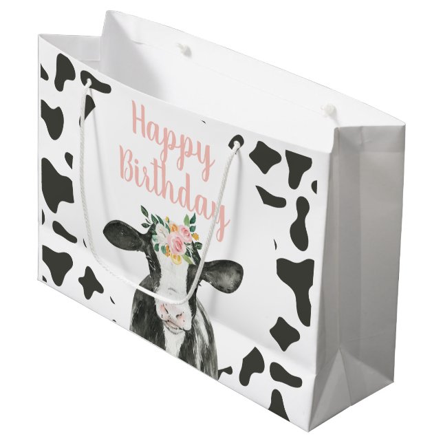 Grand Sac Cadeau Holy Cow I'm One Pink Floral and Cow Print (Devant Angle)