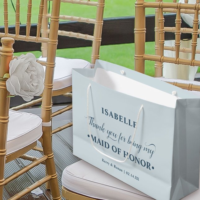 Grand Sac Cadeau Homologue d'honneur Merci bleu (Dusty Blue Wedding Thank You Gift Bag for Maid of Honor)