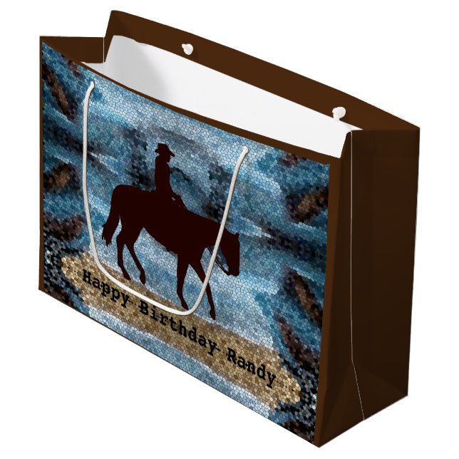 Grand Sac Cadeau Horseback Cowboy Anniversaire Bleu (Devant Angle)