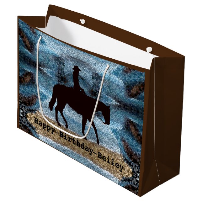 Grand Sac Cadeau Horseback Cowgirl Anniversaire Bleu (Devant Angle)