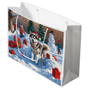 Grand Sac Cadeau Husky sibérien courant dans la neige avec un chape