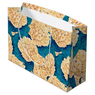 Grand Sac Cadeau Hydrangea aquarelle motif, jaune et bleu