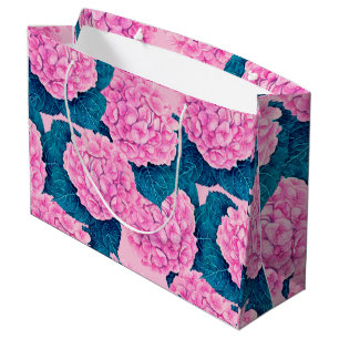 Grand Sac Cadeau Hydrangea aquarelle motif, rose et bleu