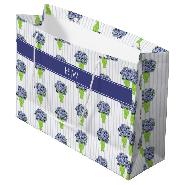 Grand Sac Cadeau Hydrangea Bleu Rayure Monogramme Côtiers (Devant Angle)