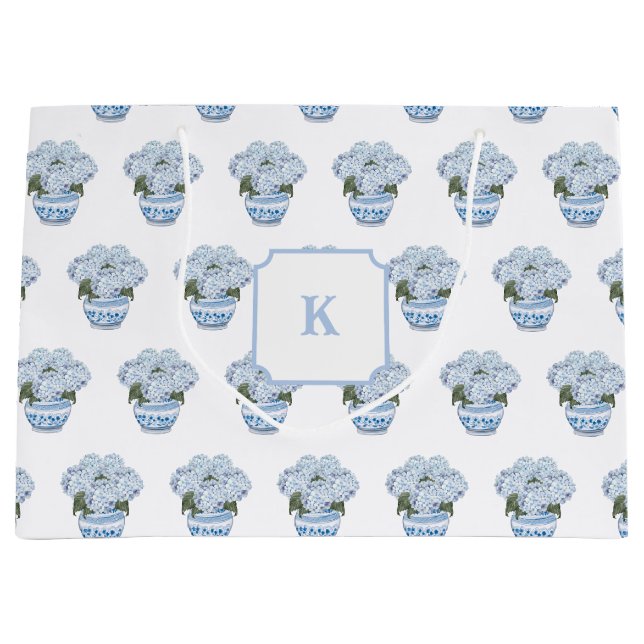 Grand Sac Cadeau Hydrangées bleues en Chinoiserie Pot (Devant)