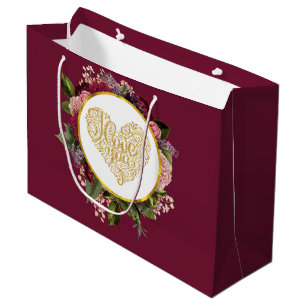 Grand Sac Cadeau I Love You Fancy Golden Heart with Floral Frame