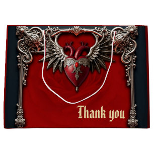 Grand Sac Cadeau Icône gothique romantique : coeur, rose, crâne.