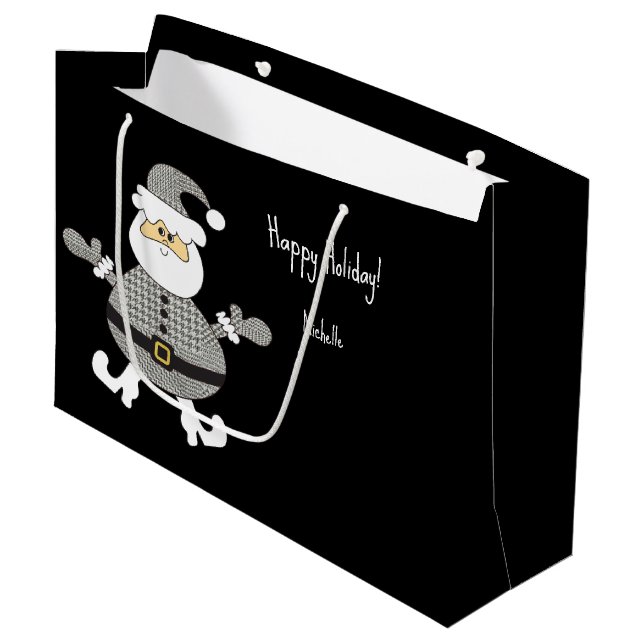 Grand Sac Cadeau Illustration de vacances Père Noël Plaid Gray (Devant Angle)