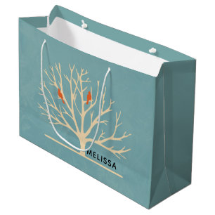 Grand Sac Cadeau Illustration d'Oiseaux oranges modernes dans un gr