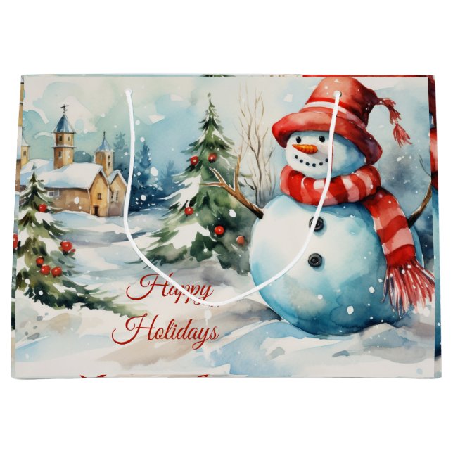 Grand Sac Cadeau Illustration du bonhomme de neige de Noël (Devant)