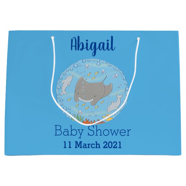 Grand Sac Cadeau Illustration d'une mignonne raie manta et de bulle (Devant)